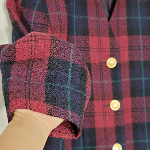 Vintage Oversized Wool Red Plaid Blazer 80's 3/4 sleeve Blazer Gold Buttons - Picture 6 of 16